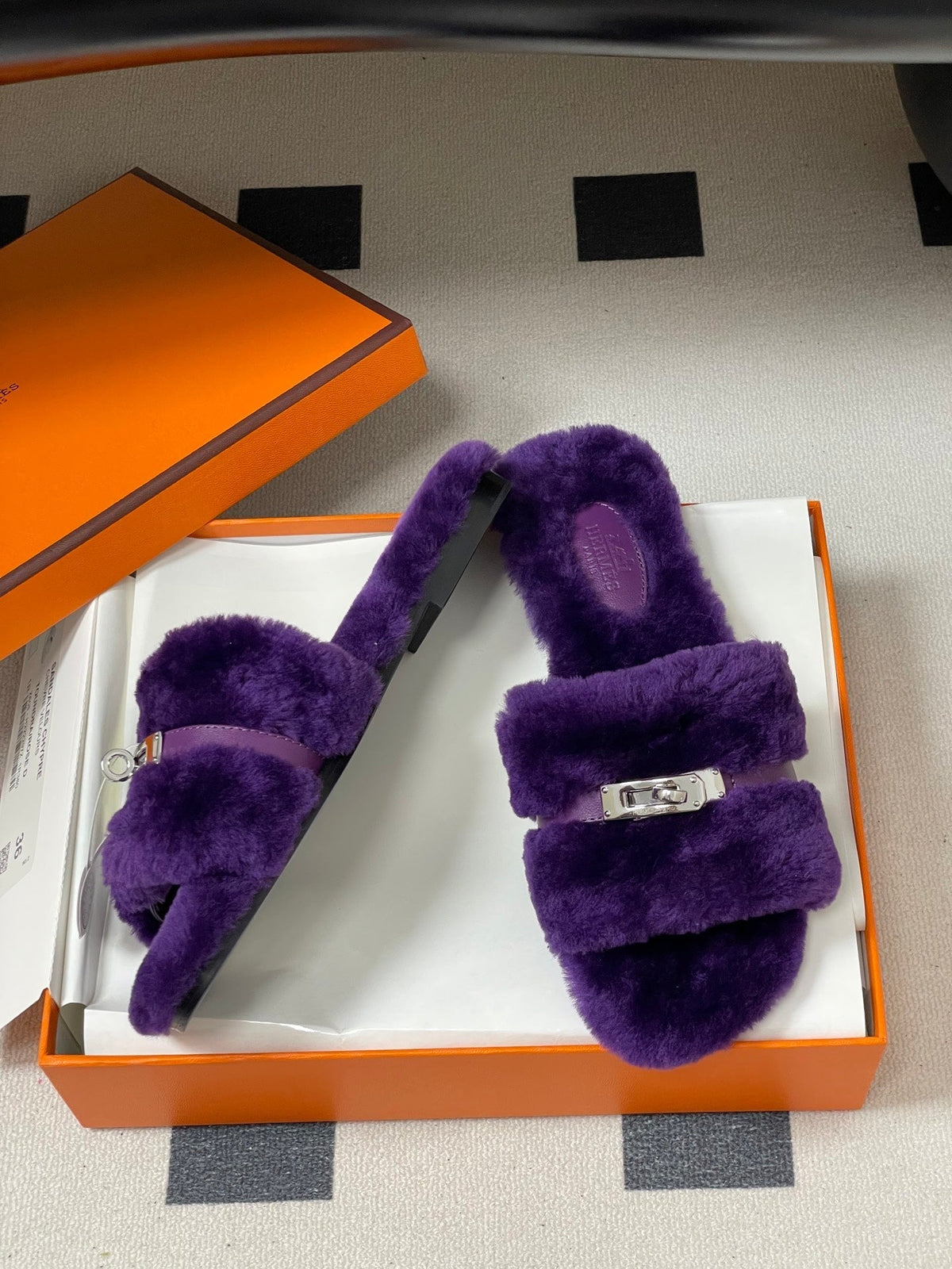 Hermes Giulia Kelly Buckle H-Slippers Purple in Wool 594326