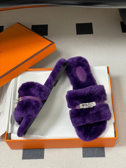 Hermes Giulia Kelly Buckle H-Slippers Purple in Wool 594326