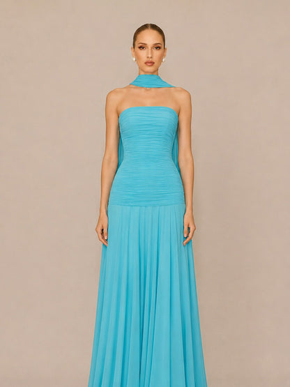 Mirabelle Elegant Pleated Strapless Maxi Dress with Flowing Ties
