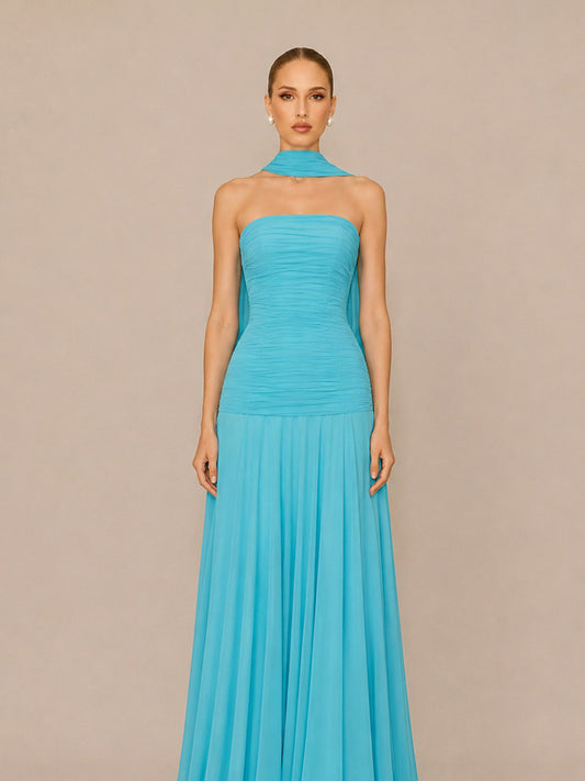 Mirabelle Elegant Pleated Strapless Maxi Dress with Flowing Ties