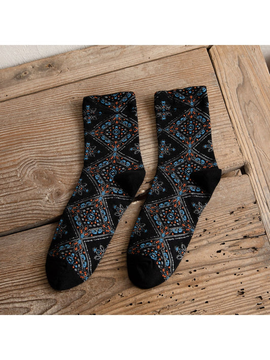 Rufia - Retro Mid-calf Socks with Diamond Floral Patterns