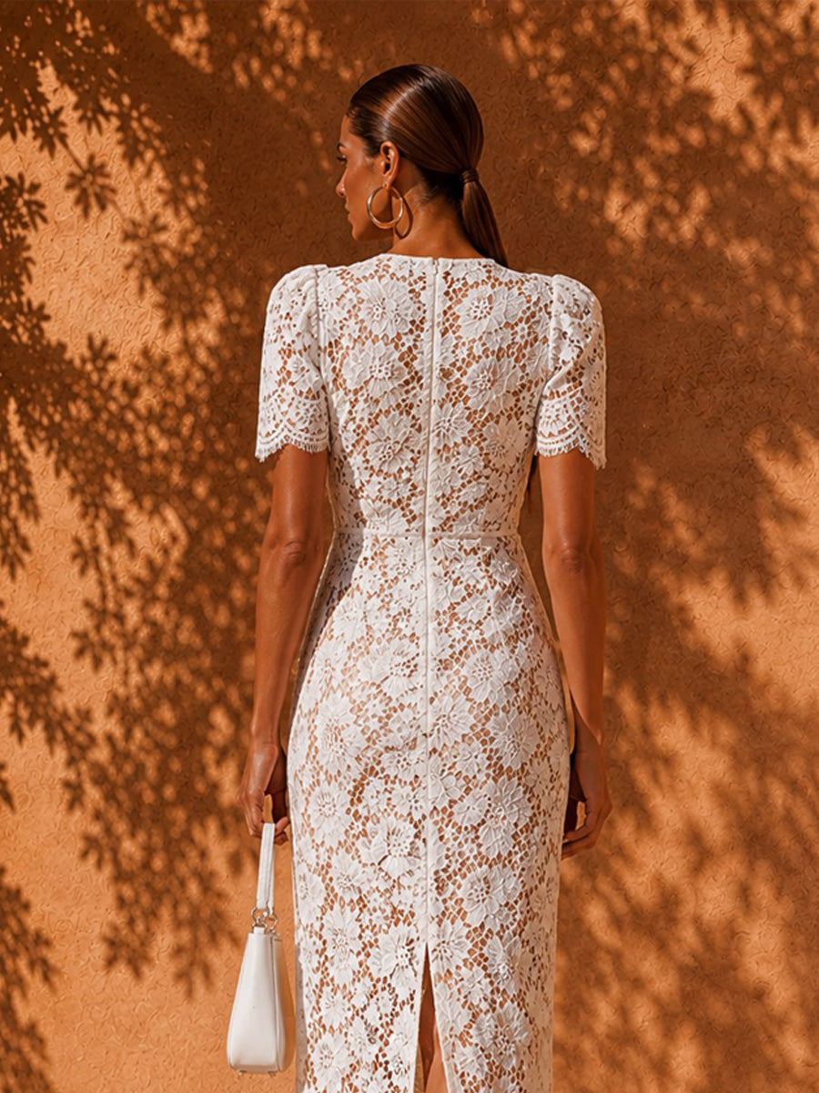 Brooklyn Bow-Accent Lace Midi Dress