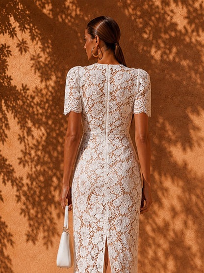 Brooklyn Bow-Accent Lace Midi Dress