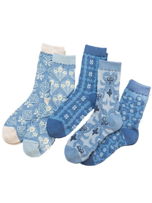 Rufia - Retro Blue Floral Mid-Calf Socks - Classic &amp; Elegant