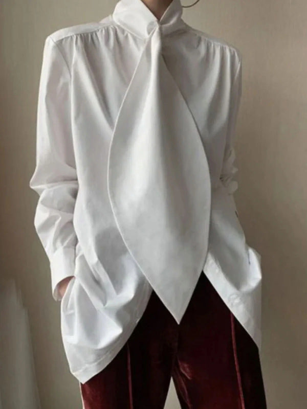 Long Sleeves Loose Solid Color High-Neck Blouses&Shirts Tops
