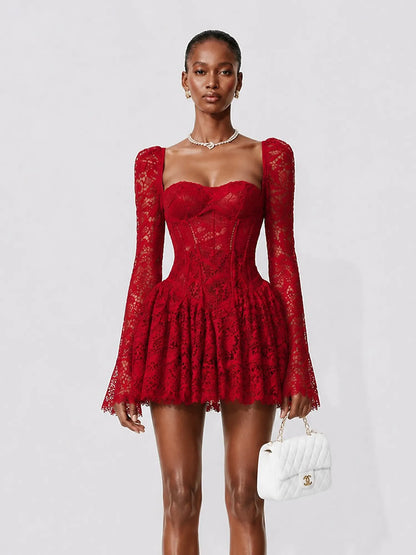 Priscilla Lace Square-Neck Mini Dress In Red