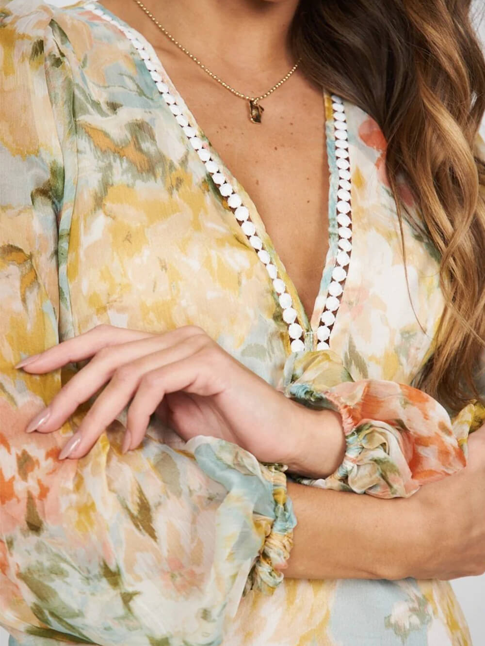 Floral Print Chiffon Midi Dress With Lace Trim