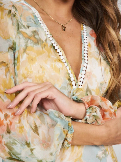 Floral Print Chiffon Midi Dress With Lace Trim