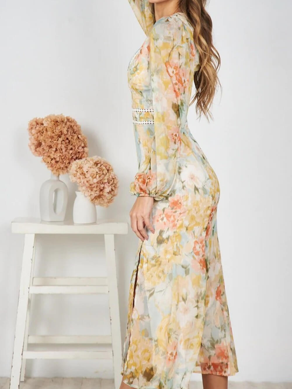 Floral Print Chiffon Midi Dress With Lace Trim