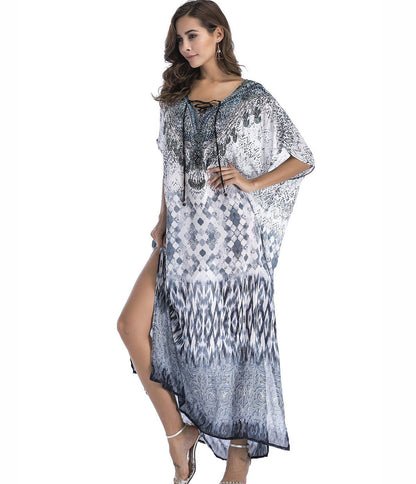 8 Colors Chiffon Beach Bikini Outer Cover Positioning Print Sunscreen Large Size Dress