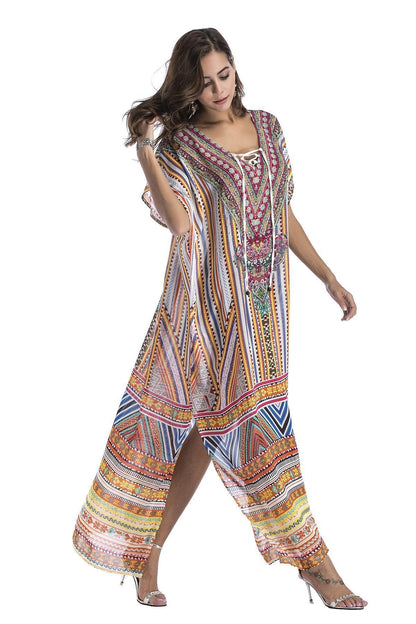 8 Colors Chiffon Beach Bikini Outer Cover Positioning Print Sunscreen Large Size Dress