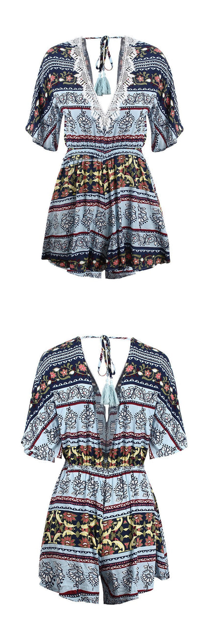 Print Deep V Neck Short Sleeve High Waist Jumpsuit Rompers