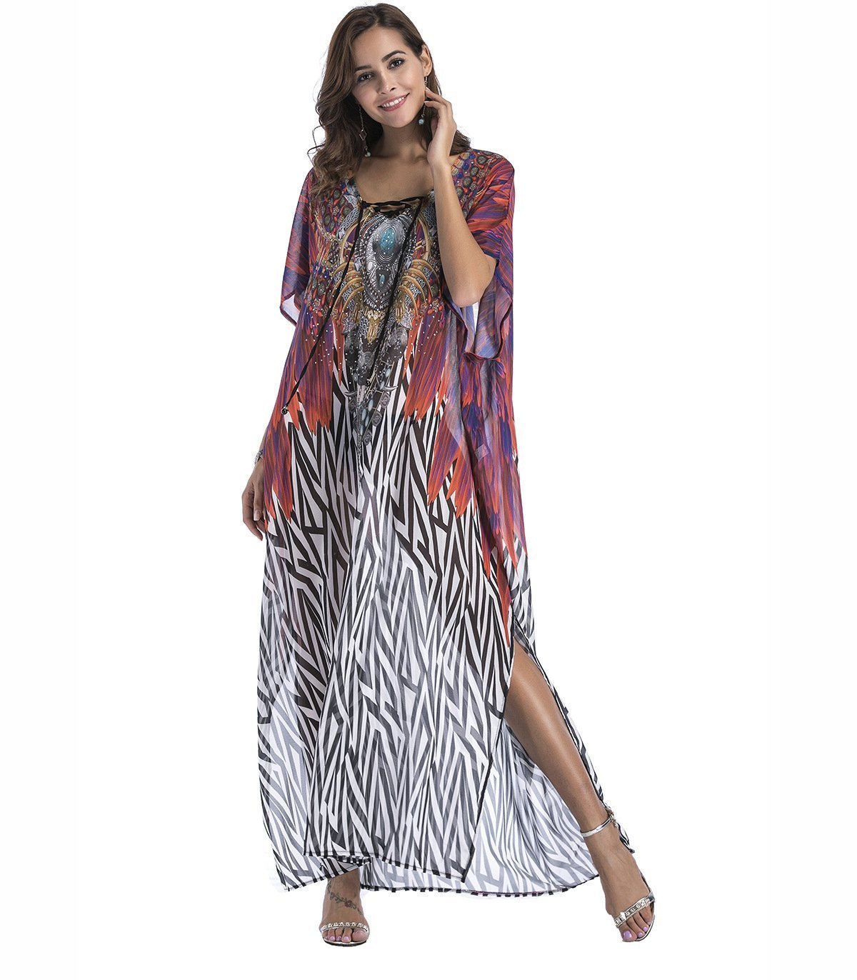 8 Colors Chiffon Beach Bikini Outer Cover Positioning Print Sunscreen Large Size Dress