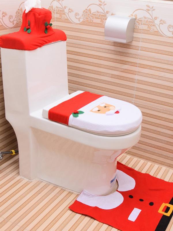3-Piece Snowman Santa Toilet Seat Cover And Rug Set Christmas Decorations