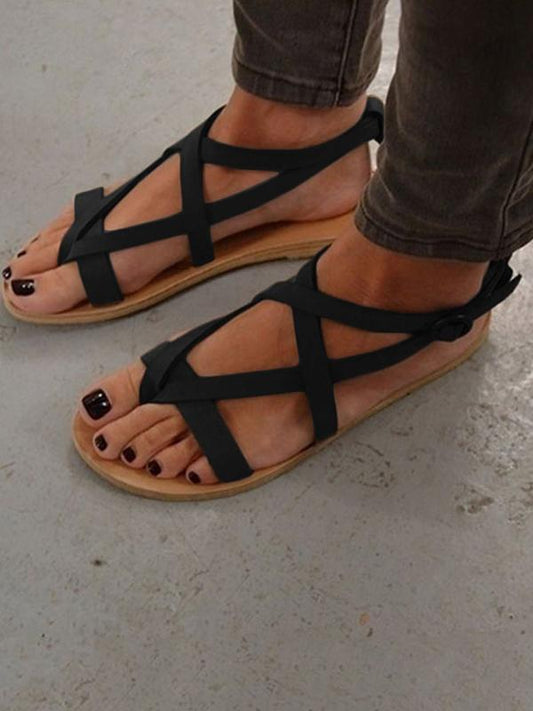Solid Color Crossover Strap Flat Heel Shoes