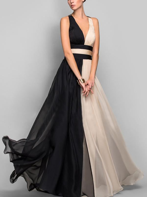 Two-Color Sleeveless V-Neck Maxi Evening Dress