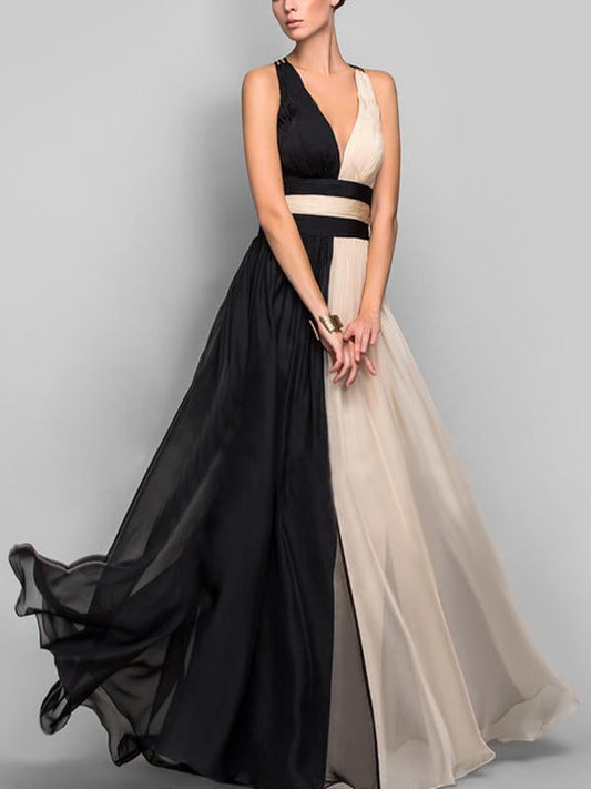 Two-Color Sleeveless V-Neck Maxi Evening Dress