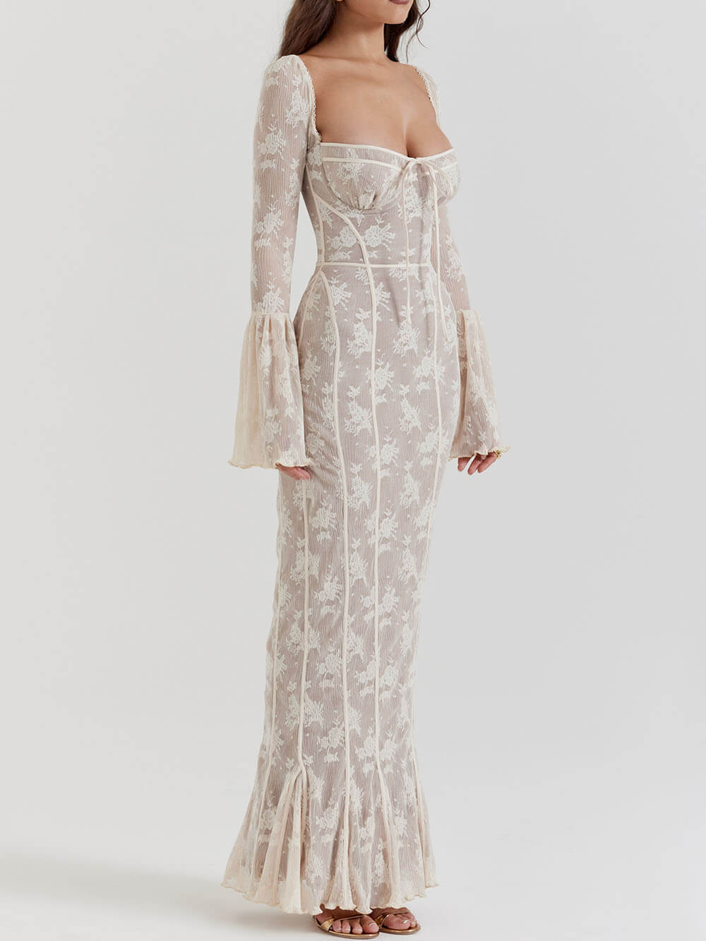Lace Maxi Dress Semi Sheer Stretch Floral