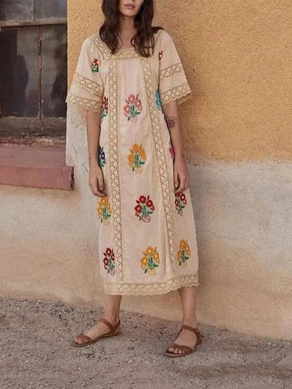 Bohemia Short Sleeve Embroidered Maxi Dress