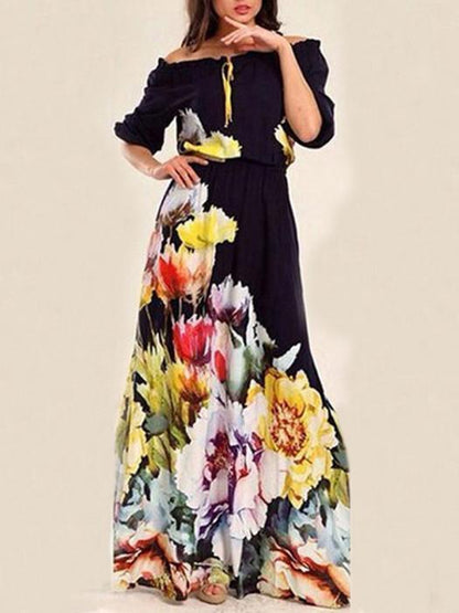 Floral Printed Off-The-Shoulder Half Sleeves Maxi Dress