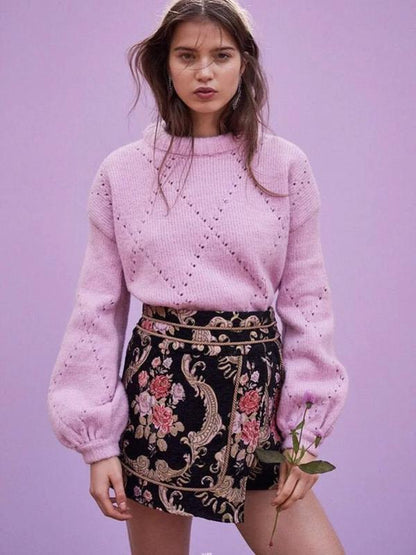 Casual Long Sleeve Solid Color Hollow Out Knit Short Pullover Sweater