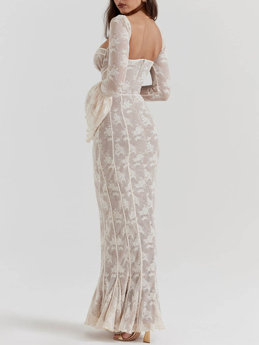 Lace Maxi Dress Semi Sheer Stretch Floral