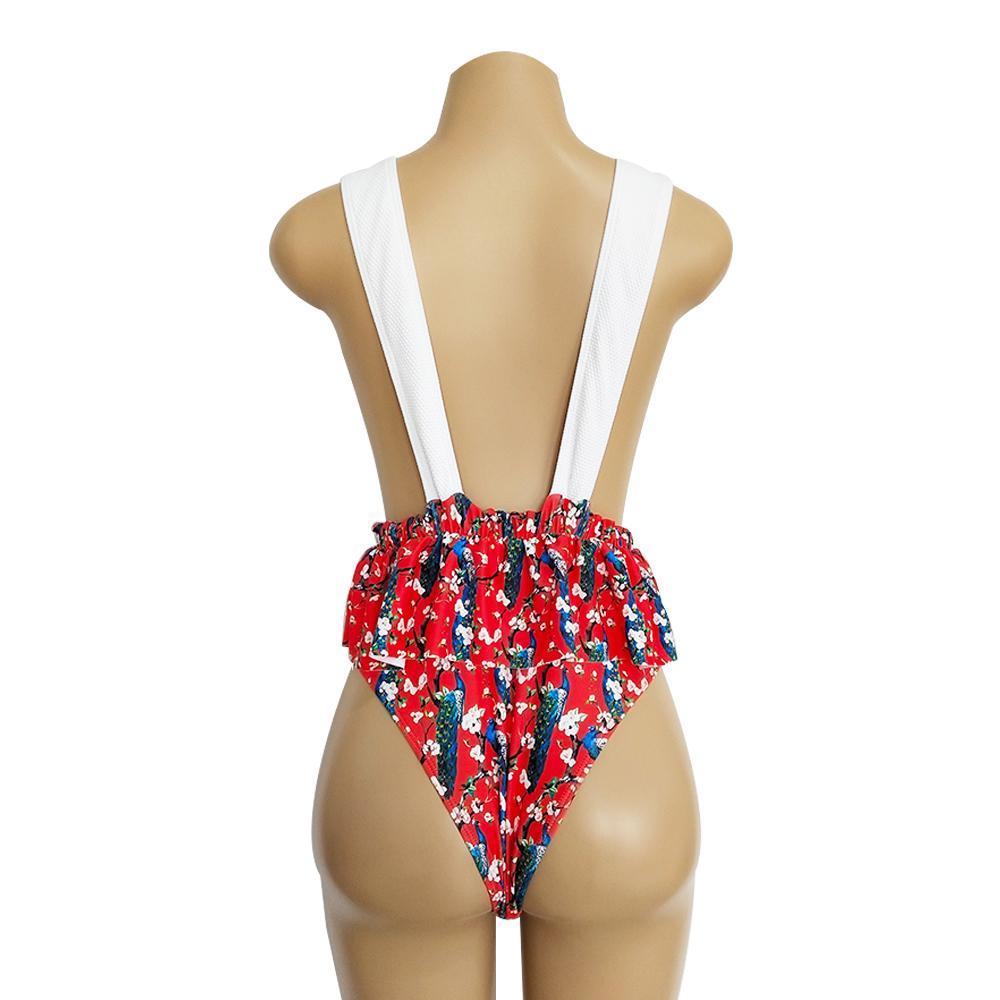 Ruffled Print V-Neck Bow Ins Style One Piece Swimsuit