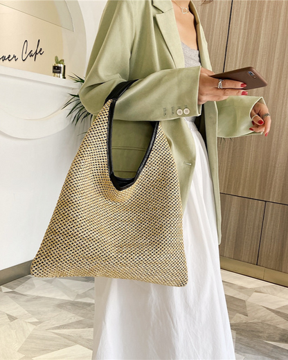 Woven Straw Beach Bag With Black Leather Trim