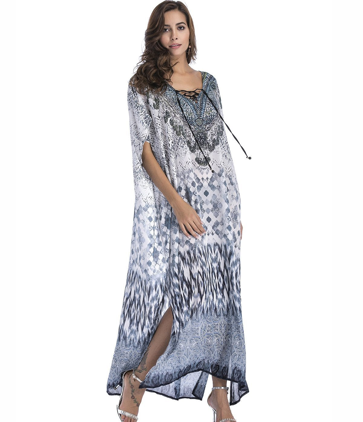 8 Colors Chiffon Beach Bikini Outer Cover Positioning Print Sunscreen Large Size Dress