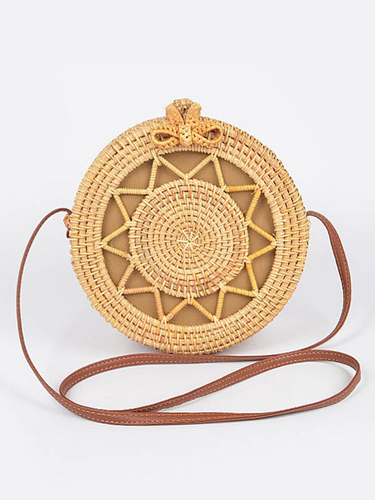 Round Rattan Bag With Sunburst Pattern