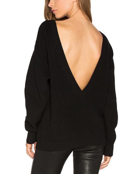 Knitting Backless Round-Neck Long Sleeves Sweater Tops