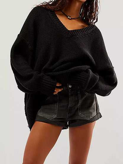 Long Sleeves Loose Solid Color Velvet V-Neck Pullovers Sweater Tops