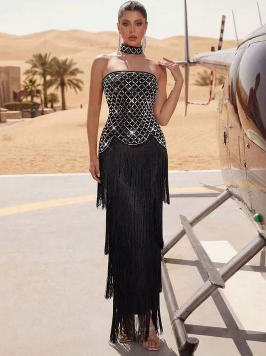 Antonella Sleeveless Rhinestone and Fringe Maxi Dress