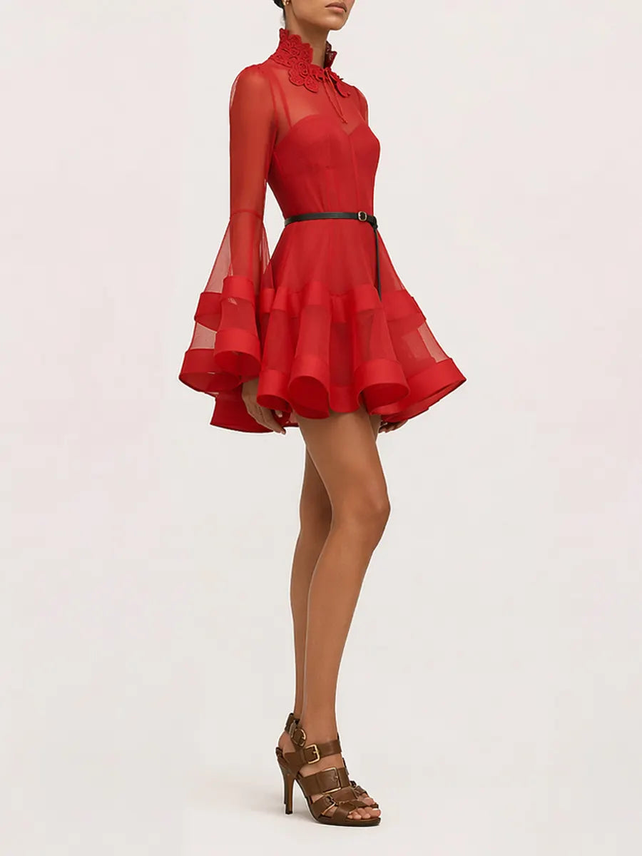 Peyton Long-Sleeve Mesh Mini Dress In Red