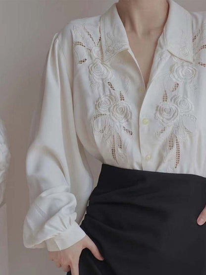 Loose Wrap Embroidered Hollow Solid Color Lapel Blouses&Shirts Tops