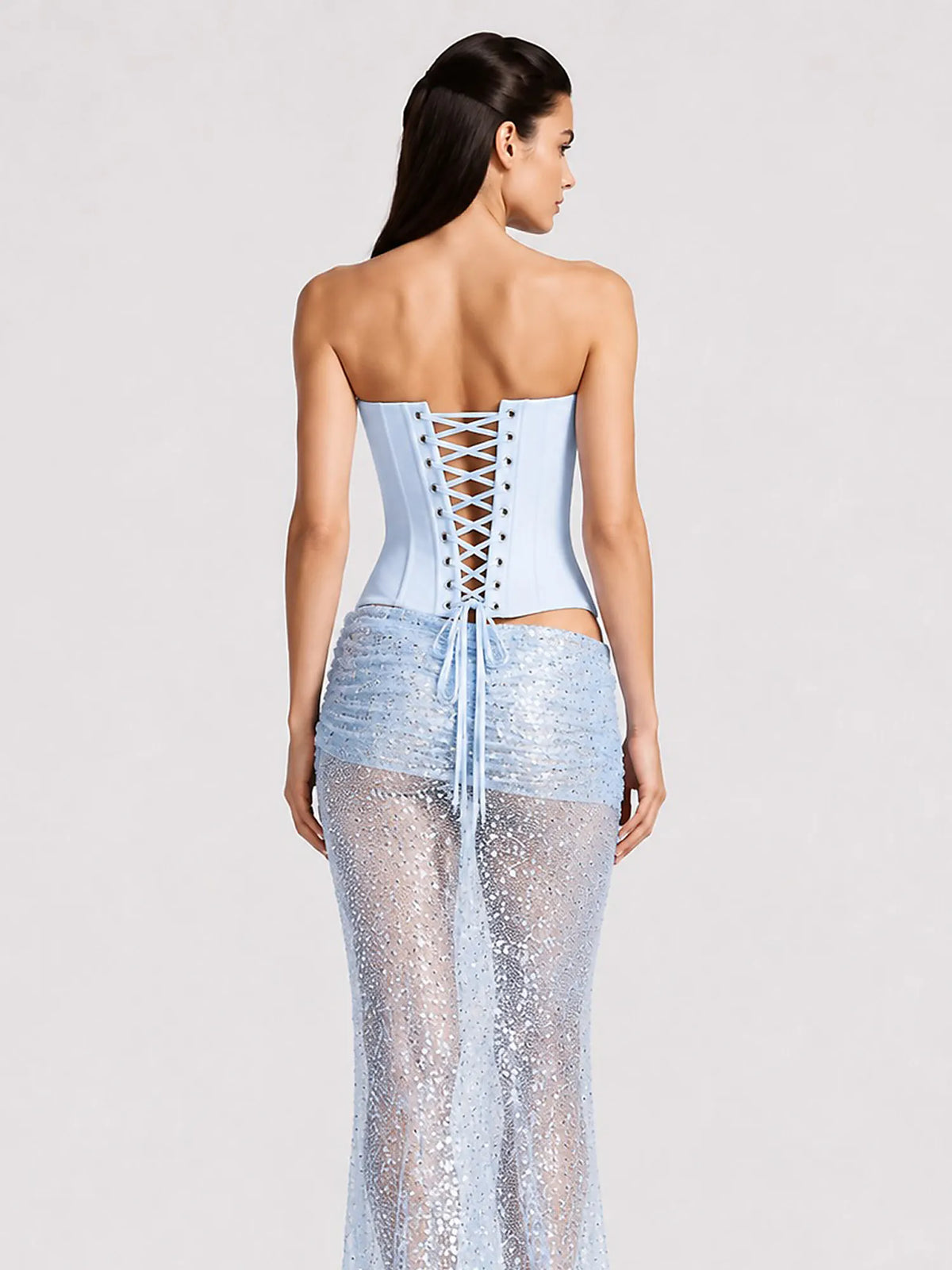 Arianne Sequin Sheer Mesh Maxi Skirt Set In Blue