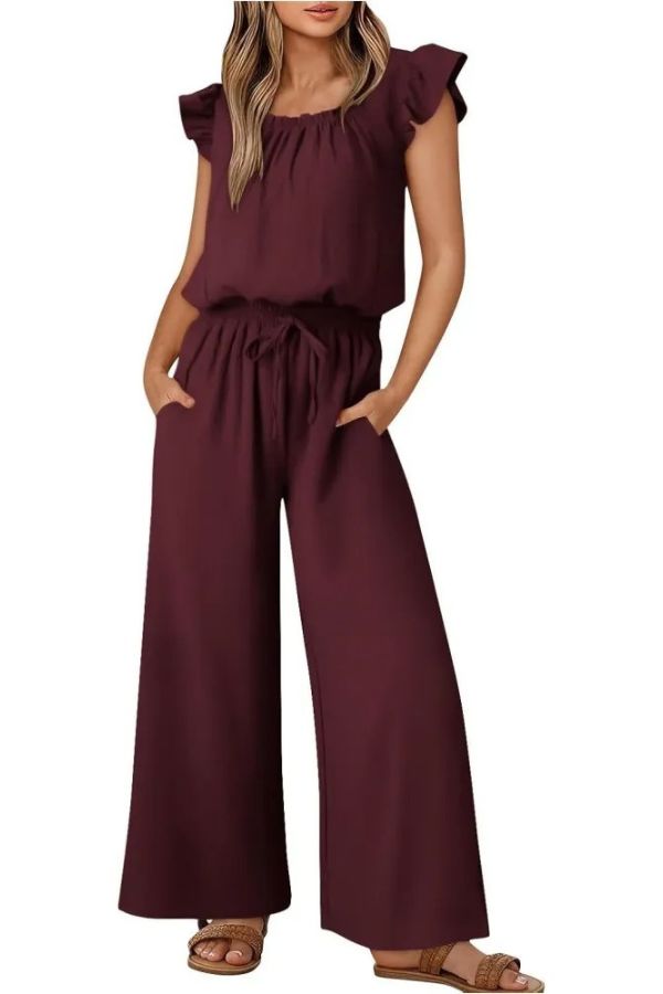 Women's Ruffle Sleeve Solid Color One Piece Jumpsuit