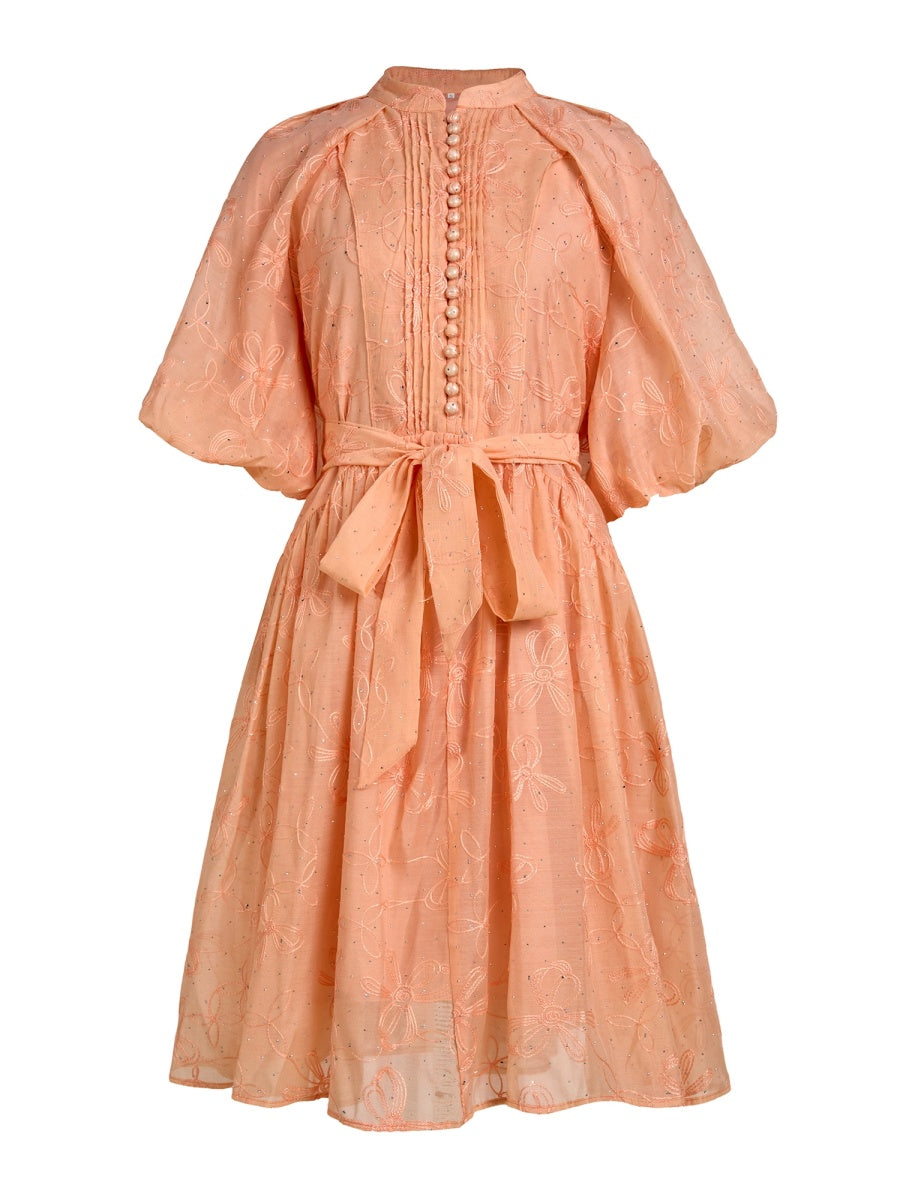 Hailey Floral-Embroidered Puff-Sleeve Midi Dress