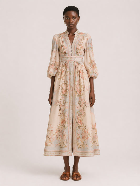 Katherine Long-Sleeve Printed Maxi Dress