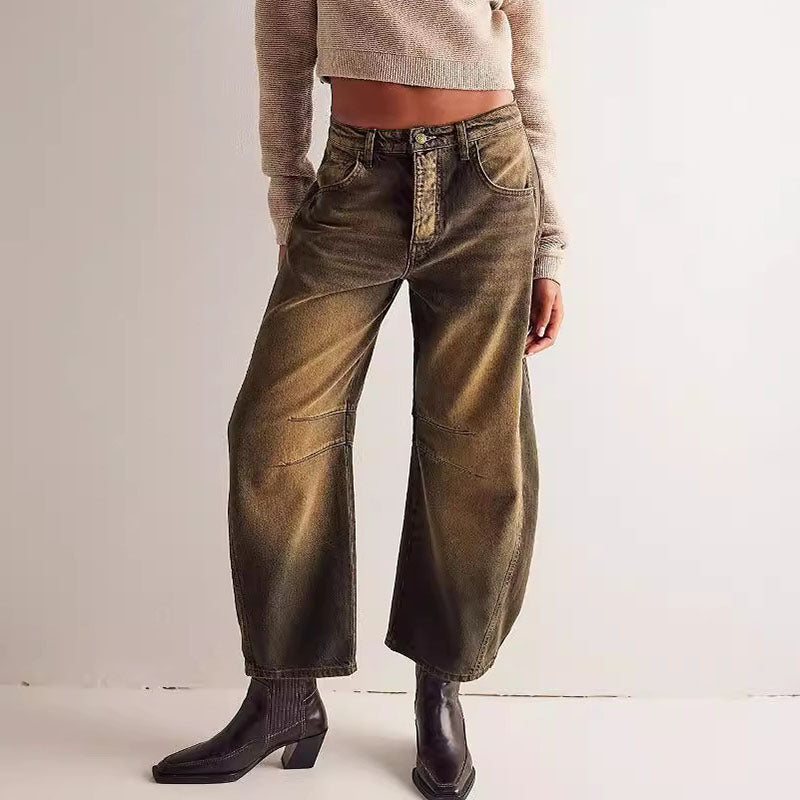 Washed Mid Rise Loose Barrel Jeans