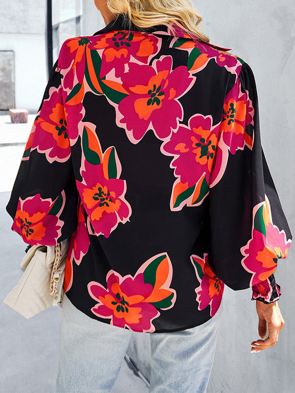 Long Sleeves Loose Buttoned Elasticity Flower Print Polo Blouses&Shirts Tops