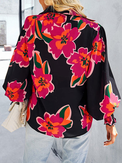 Long Sleeves Loose Buttoned Elasticity Flower Print Polo Blouses&Shirts Tops