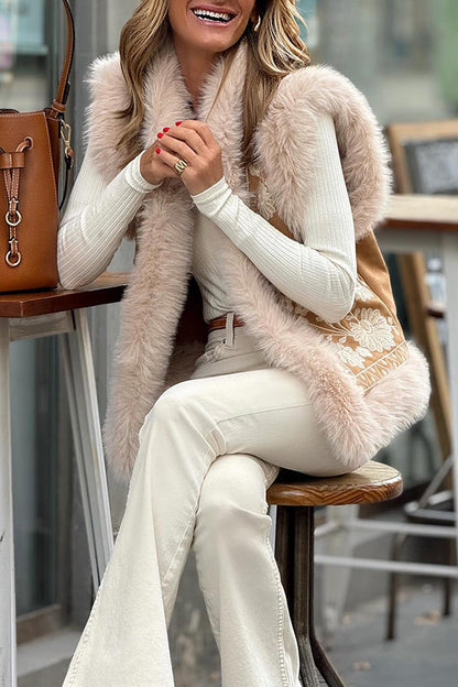 Plush embroidered cardigan vest
