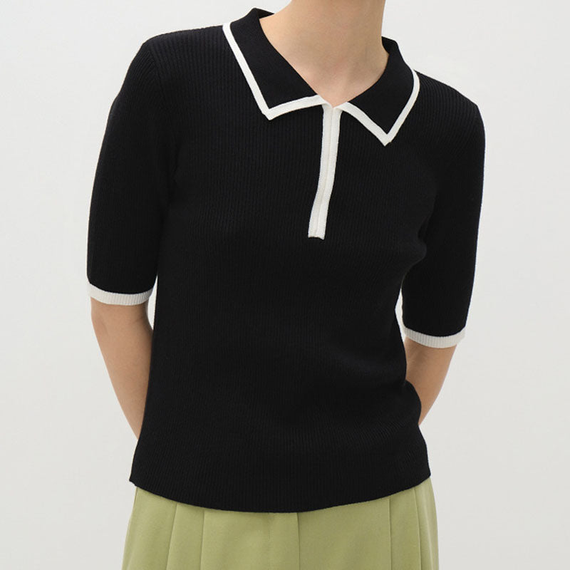 Ribbed Knit Polo Collar Short Sleeve Sweater