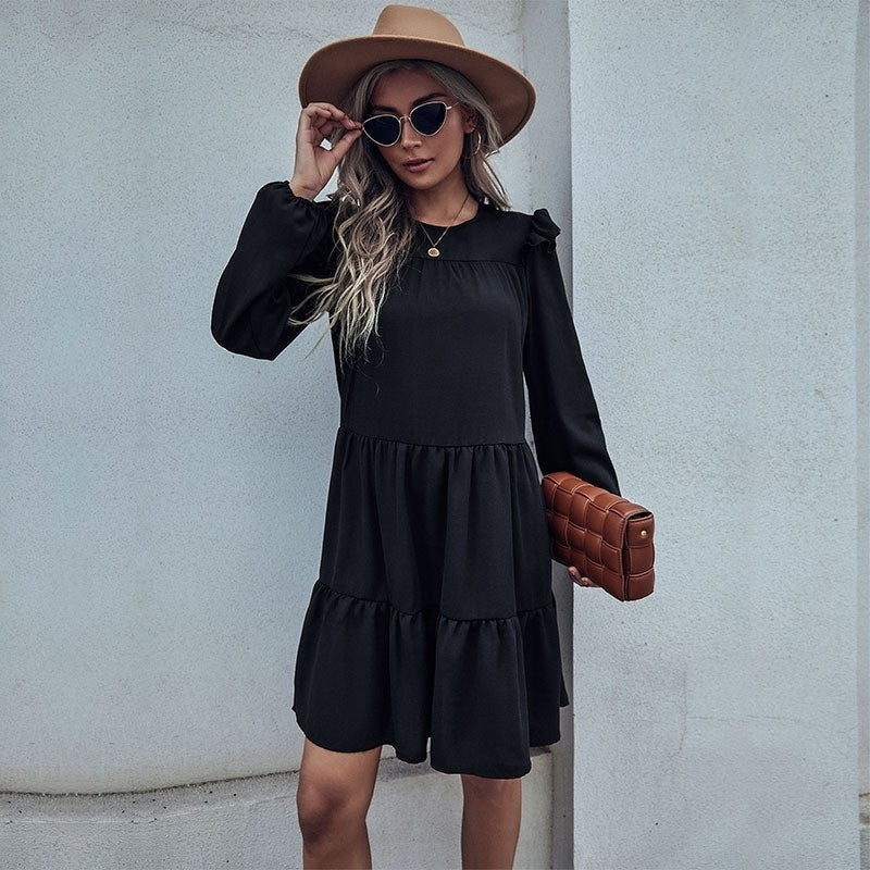 Long Sleeve Black Loose Hepburn Style Dress