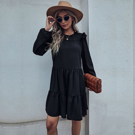 Long Sleeve Black Loose Hepburn Style Dress