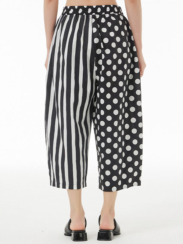 Cropped Loose Polka-Dot Split-Joint Striped Casual Pants Bottoms Cropped Trousers