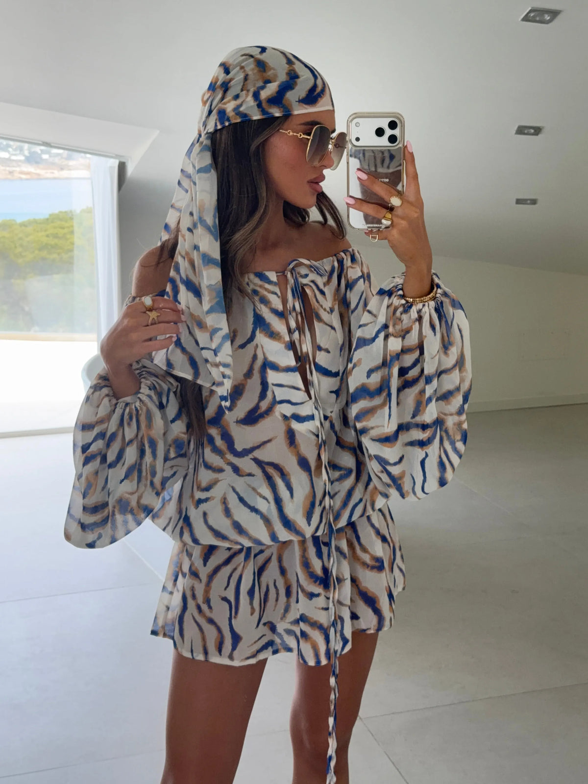 Liora Off Shoulder Print Mini Dress with Headscarf