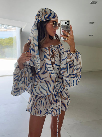 Liora Off Shoulder Print Mini Dress with Headscarf