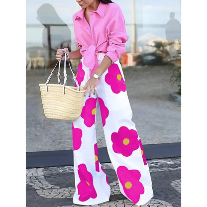 Loose Wide Leg Contrast Color Floral Printed Casual Pants Bottoms
